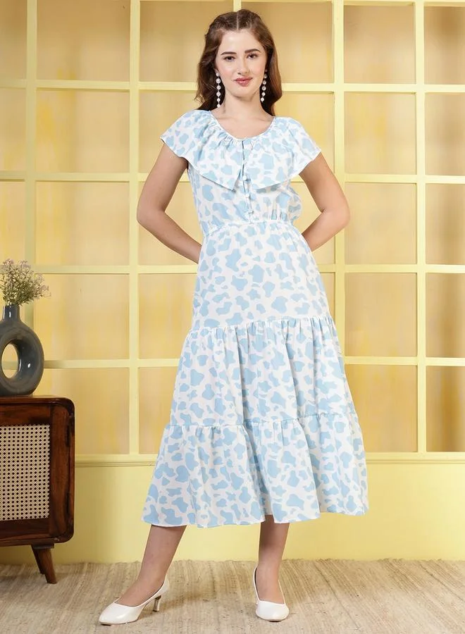 Rue Collection Women Blue Floral Print Crepe A-Line Midi Dress
